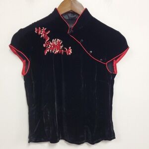 Vtg Context Womens Y2K Silk Velvet Asian Mandarin Top Size 2 Black Whimsigoth